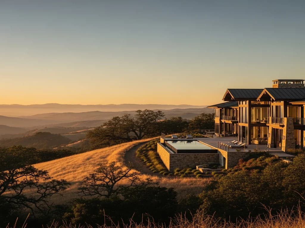 A contemporary stone and timber estate on a Placer County ridge at golden hour, with the foothills falling away beyond