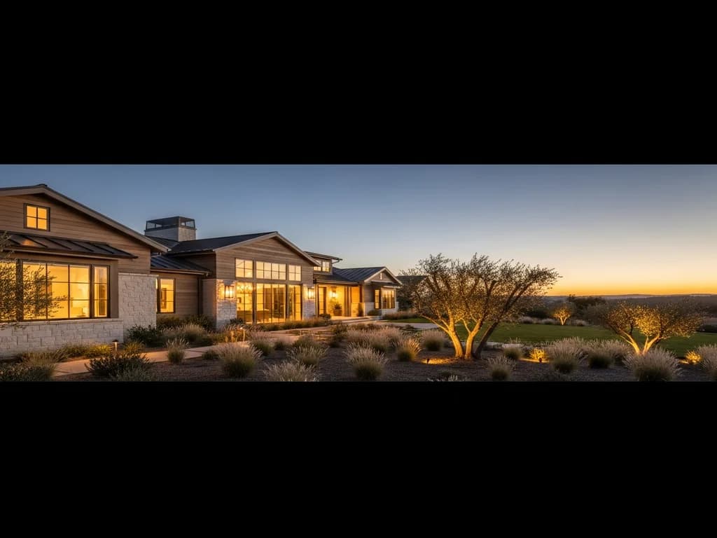 A California home at dusk with warm light in the windows