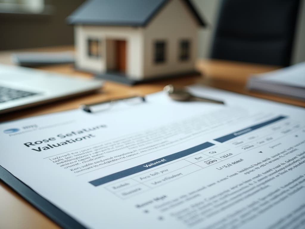 A printed home valuation report on a desk beside a model house